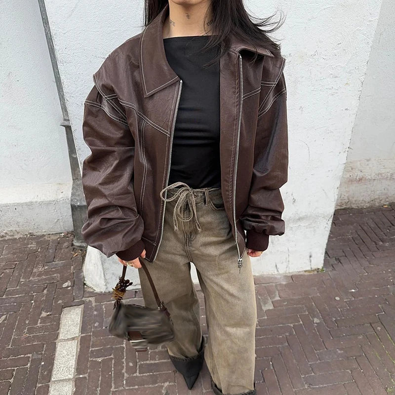 Seldos | Oversized Bomberlederjacke für Damen – Trendiger Look mit moderner Passform