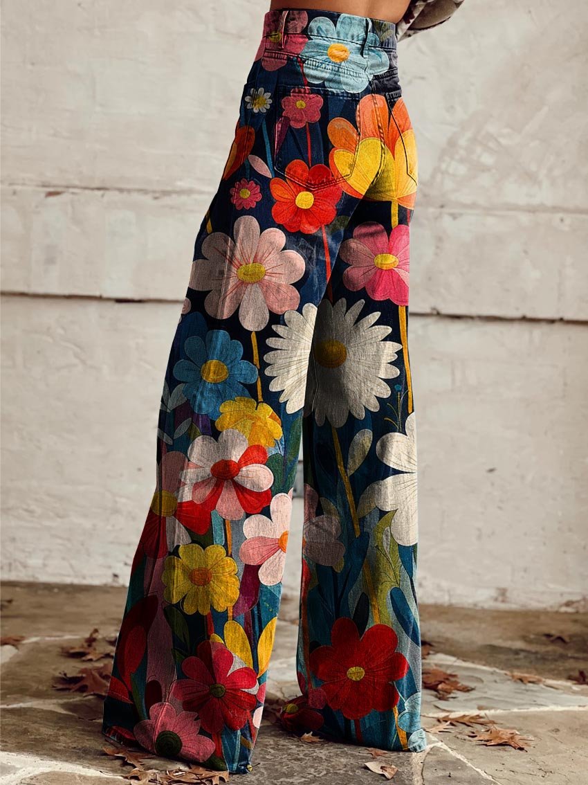 Esdua | Damenhose mit Blumenmuster und Geometrischen Details – Modische Weite Passform